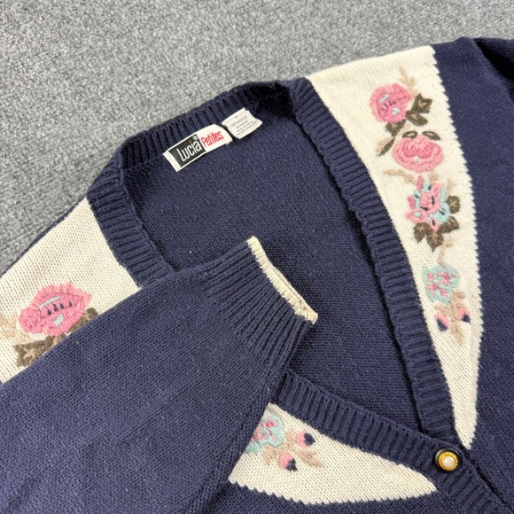Lucia Petites Sweaters - Lucia Petites Cardigan Sweater S Navy Blue Floral Embroidered V-Neck Women